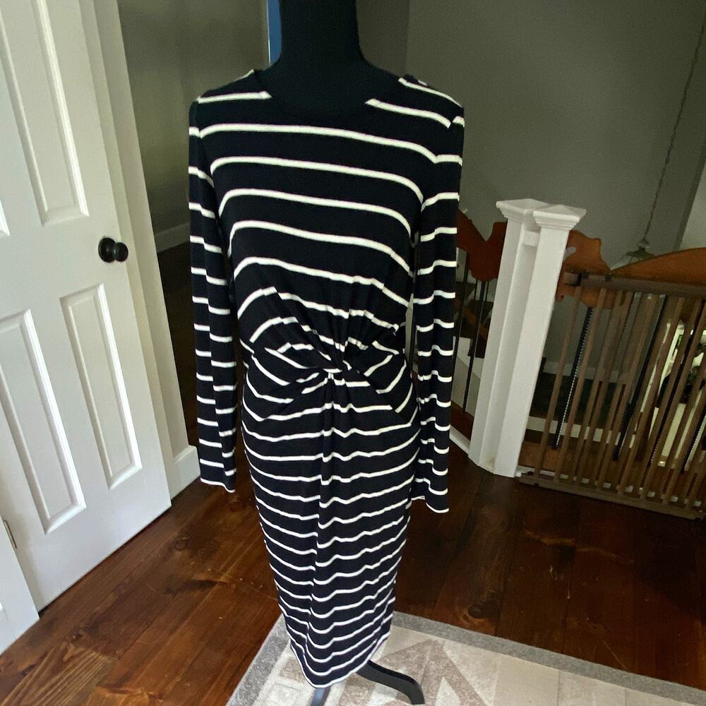 GAP Women's Size S Black/White Striped Midi Sheath Dress Boat Neck Twist Front